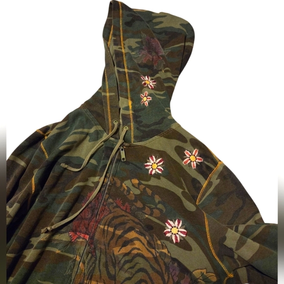 Vintage Y2k Lucky Camo Tiger Embroidered Flower Zip Hoodie Sweatshirt Sz Medium - Picture 6 of 10